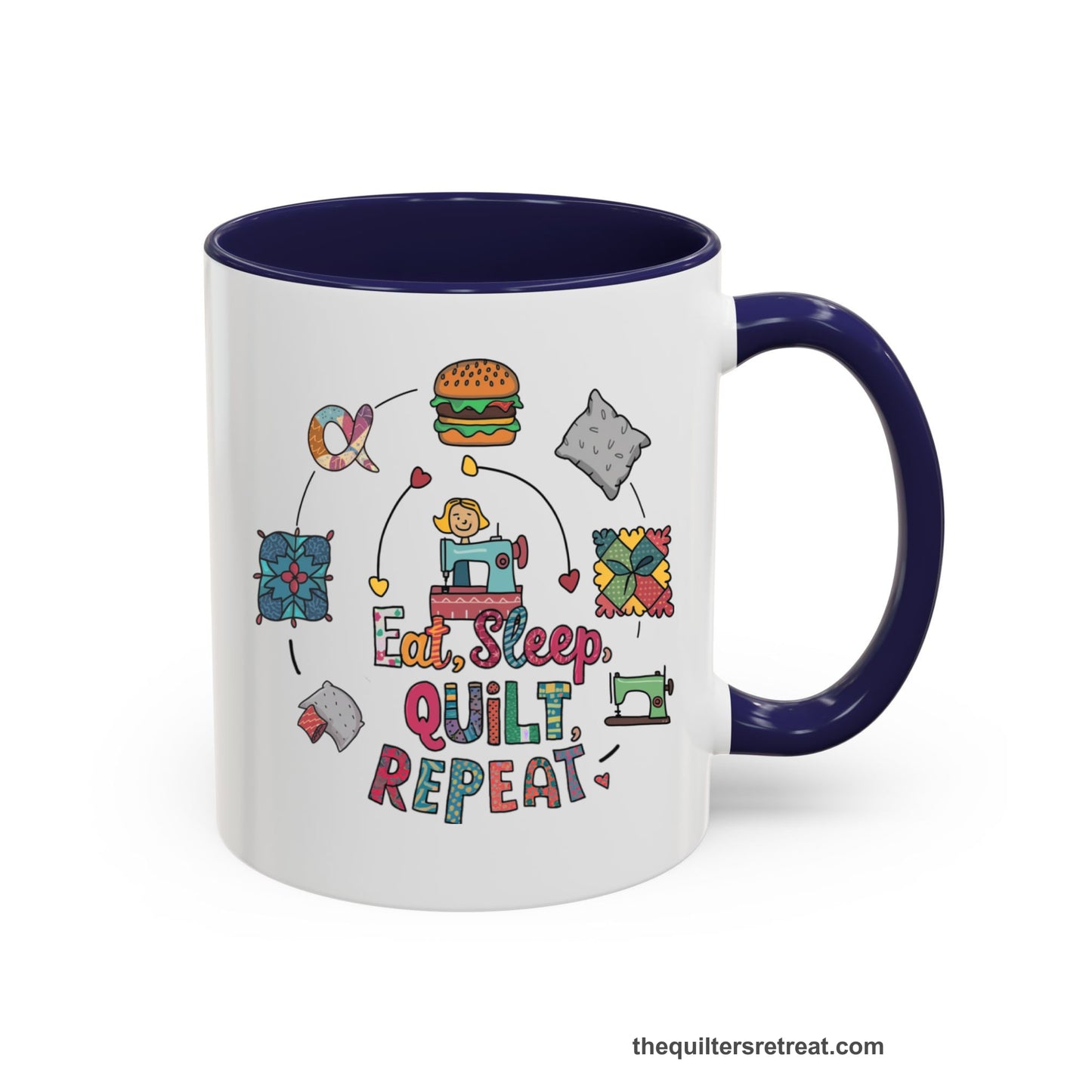 A Navy Self-Fulfilled Accent Mug with a cute quilting elements with "Eat, Sleep, Quilt, Repeat" text in playful style