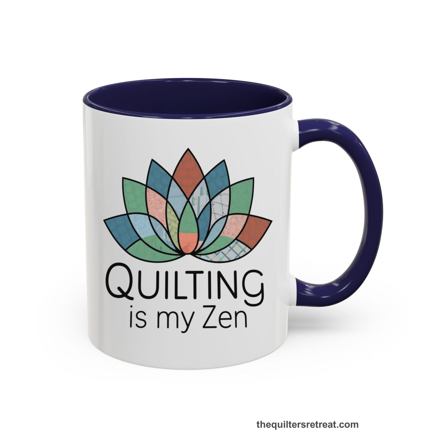 A Navy Accent Ceramic Mug featuring Quilting is my Zen design with a lotus flower made of quilt patterns and textures