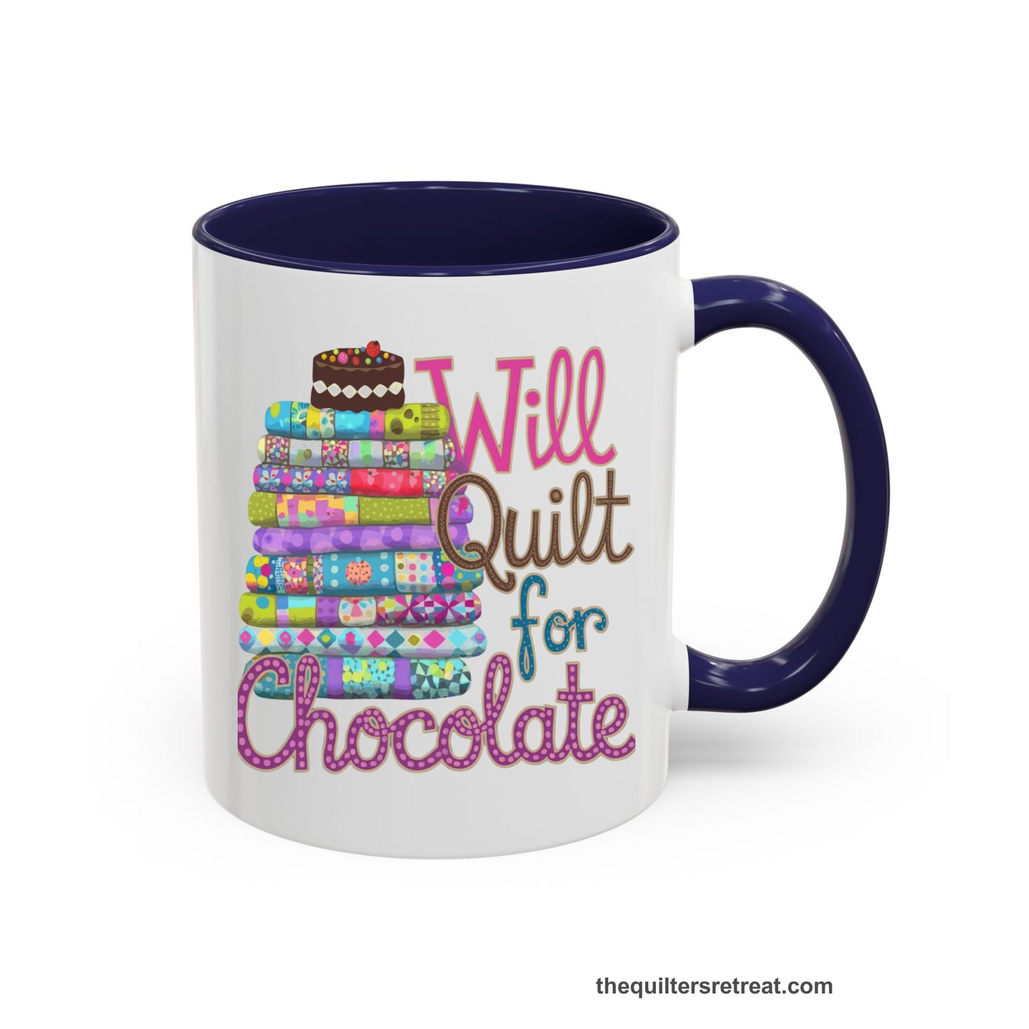 A Navy Accent Ceramic Mug featuring Will Quilt for Chocolate design with colorful folded quilts and chocolate cake