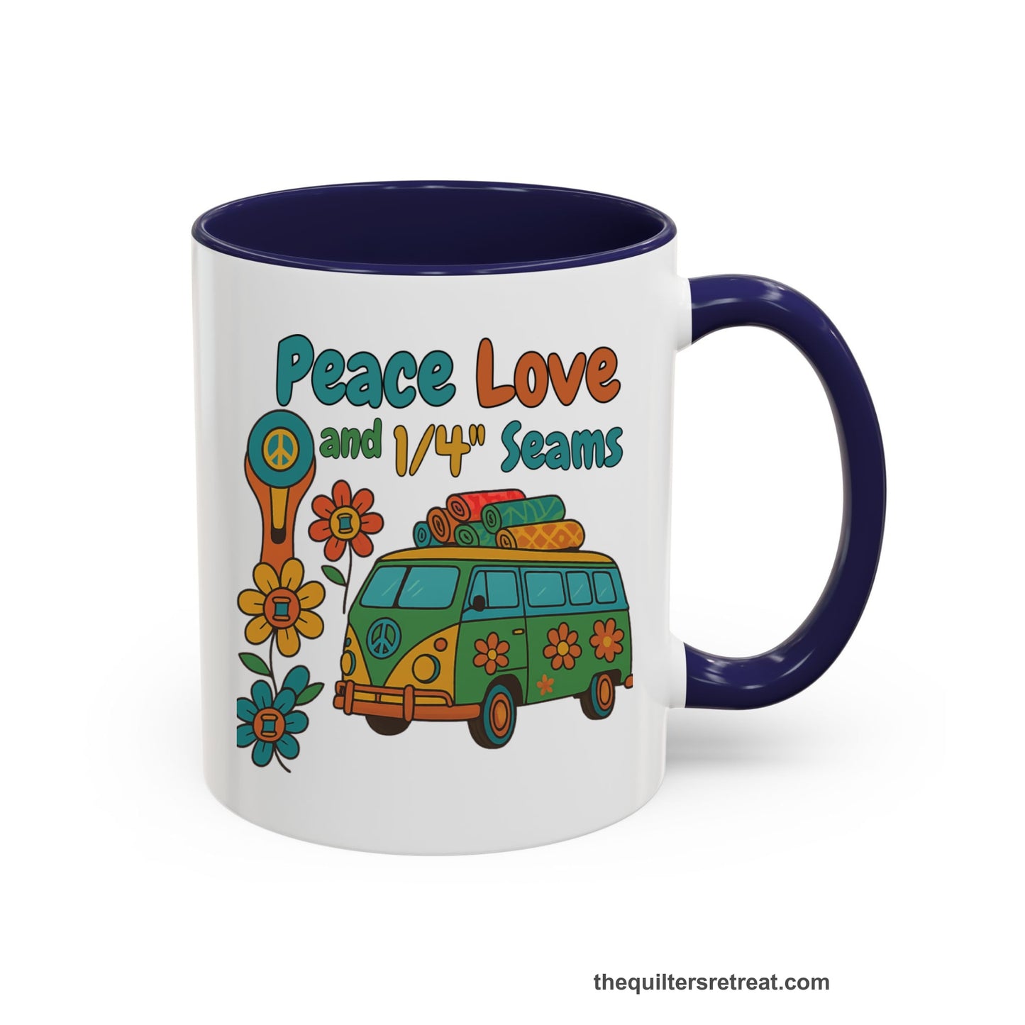 A Navy Accent Ceramic Mug featuring Peace Love and 1/4 Seams design with a retro van and colorful quilts