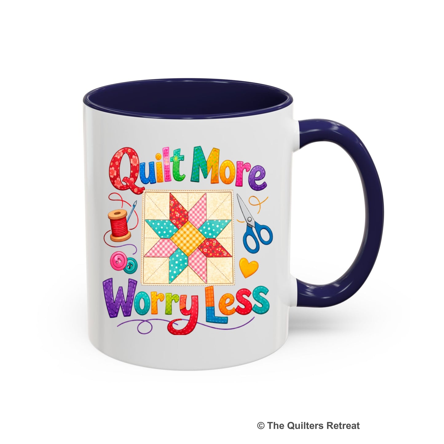 A Navy Self-Fulfilled Ceramic Accent Mug with a Colorful patchwork star and sewing tools, cheerful "Quilt More Worry Less" text.
