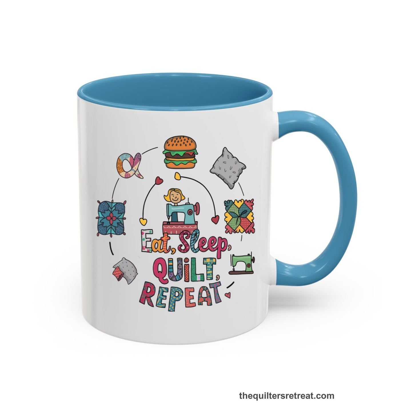 A Light Blue Self-Fulfilled Accent Mug with a cute quilting elements with "Eat, Sleep, Quilt, Repeat" text in playful style