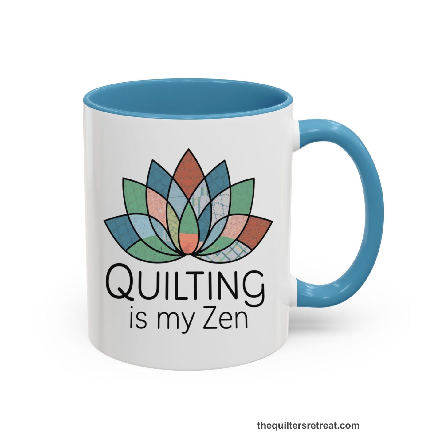 A Light Blue Accent Ceramic Mug featuring Quilting is my Zen design with a lotus flower made of quilt patterns and textures