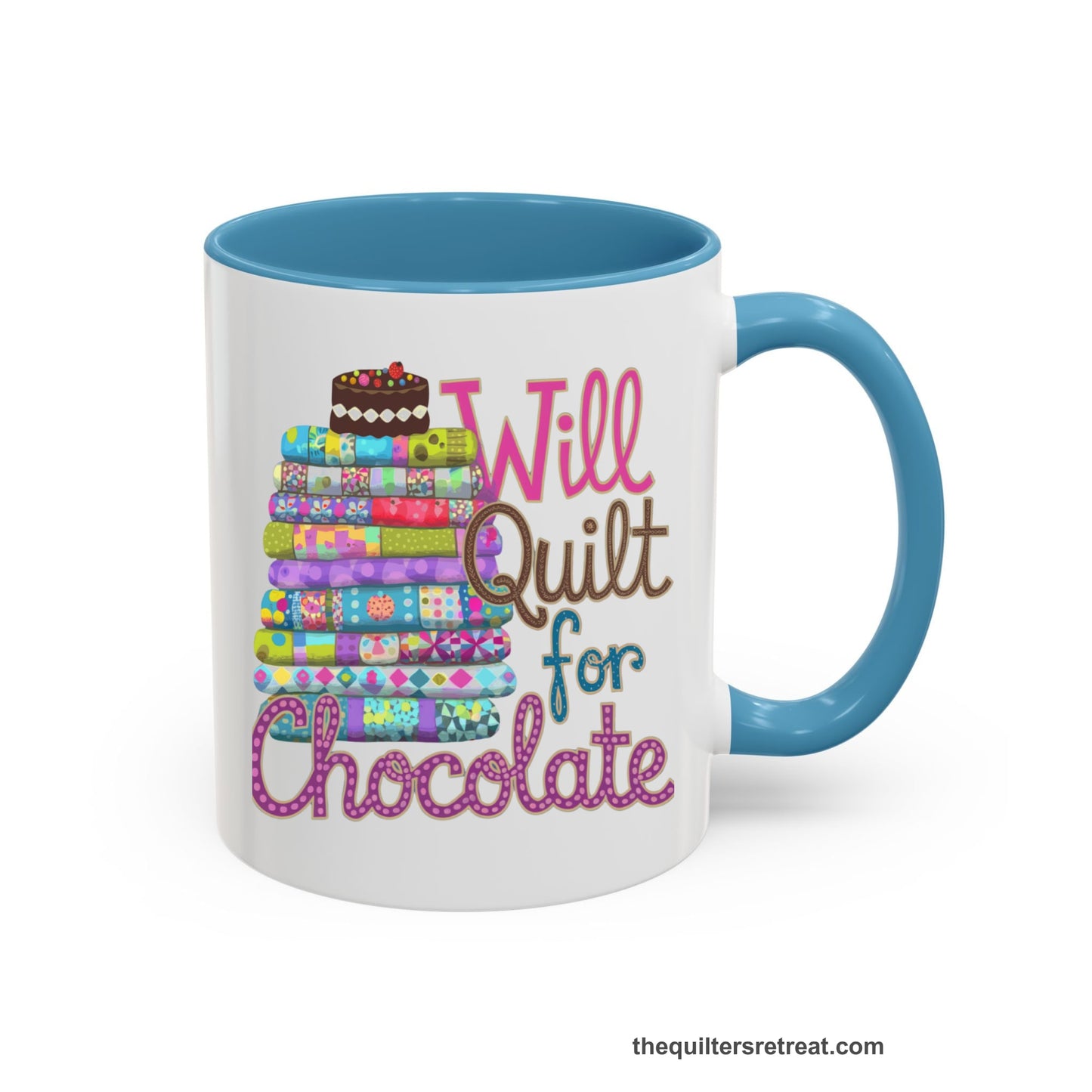 A Light Blue Accent Ceramic Mug featuring Will Quilt for Chocolate design with colorful folded quilts and chocolate cake