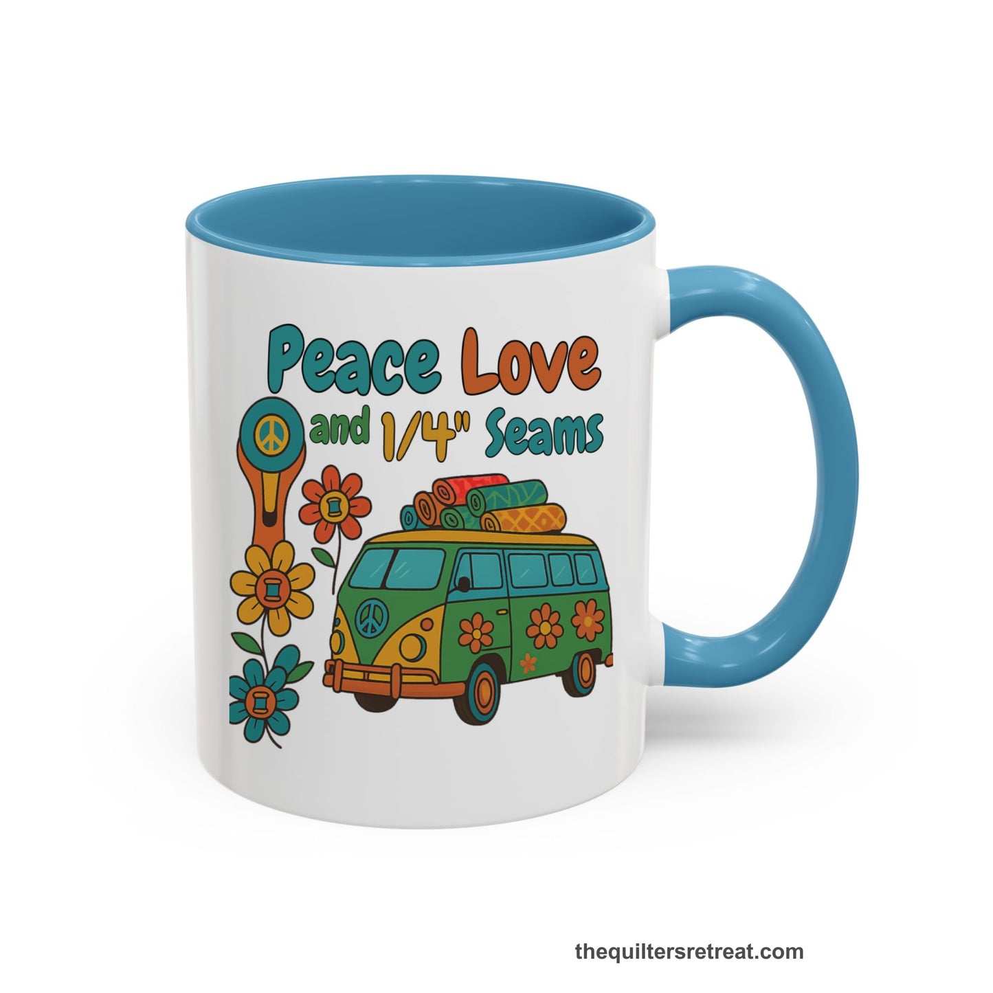 A Light Blue Accent Ceramic Mug featuring Peace Love and 1/4 Seams design with a retro van and colorful quilts