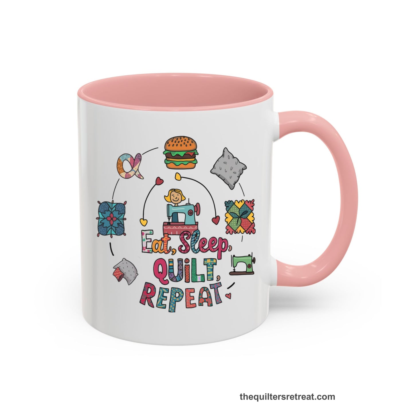 A Pink Self-Fulfilled Accent Mug with a cute quilting elements with "Eat, Sleep, Quilt, Repeat" text in playful style