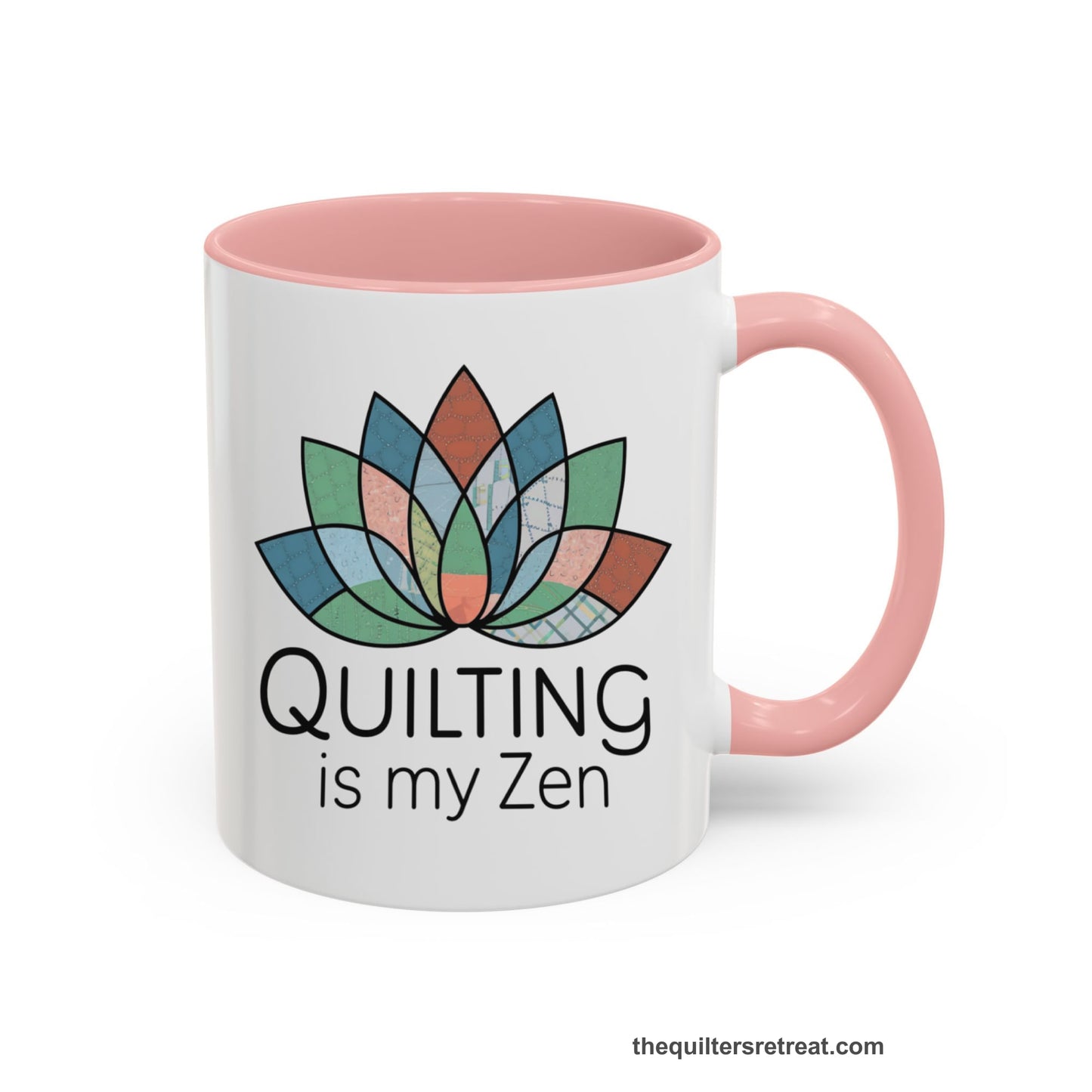 A Pink Accent Ceramic Mug featuring Quilting is my Zen design with a lotus flower made of quilt patterns and textures