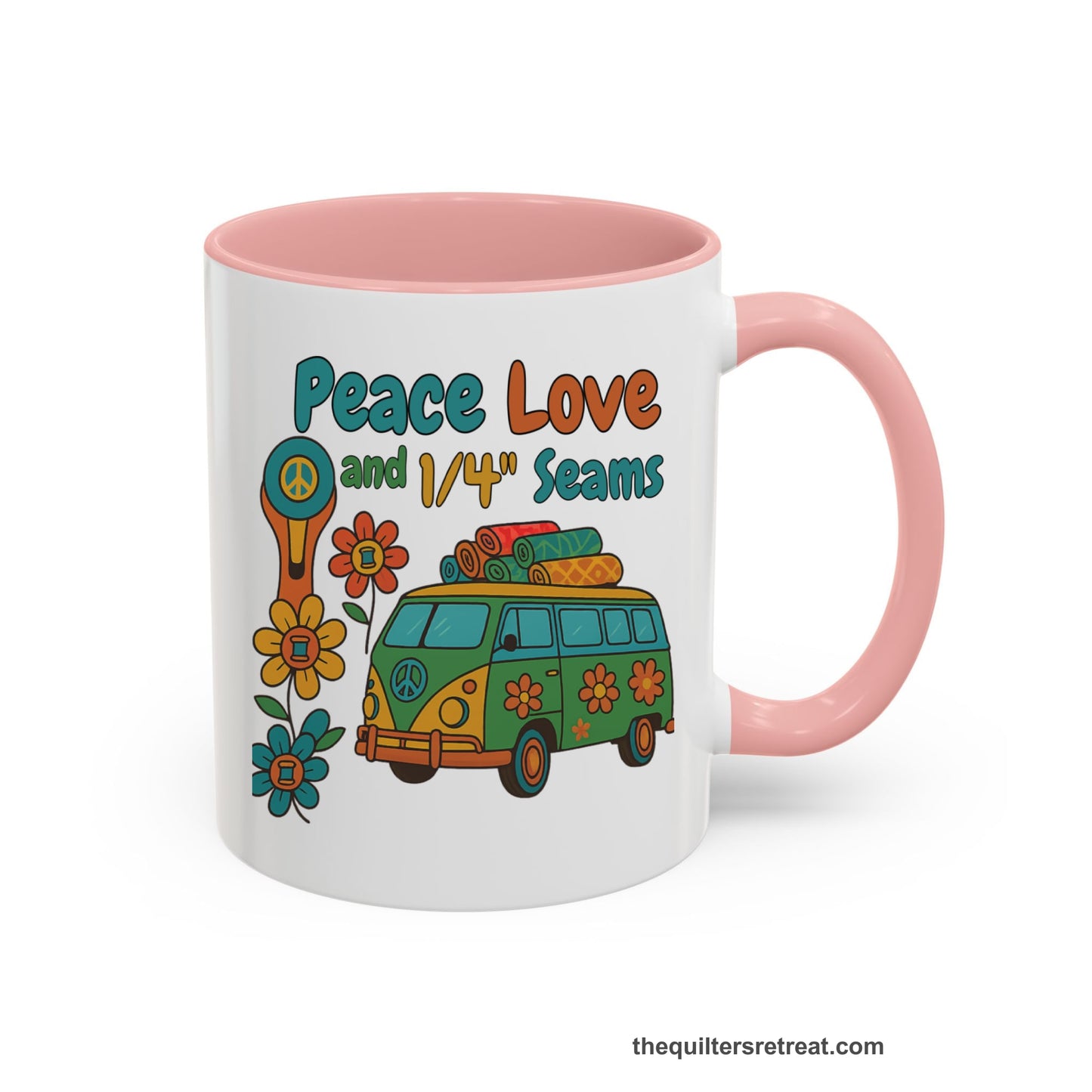 A Pink Accent Ceramic Mug featuring Peace Love and 1/4 Seams design with a retro van and colorful quilts