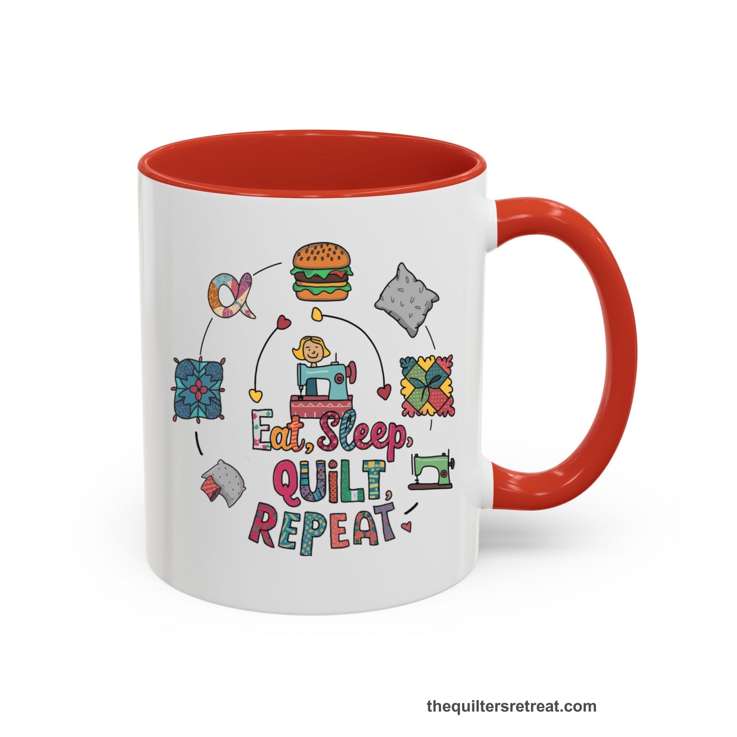 A Red Self-Fulfilled Accent Mug with a cute quilting elements with "Eat, Sleep, Quilt, Repeat" text in playful style