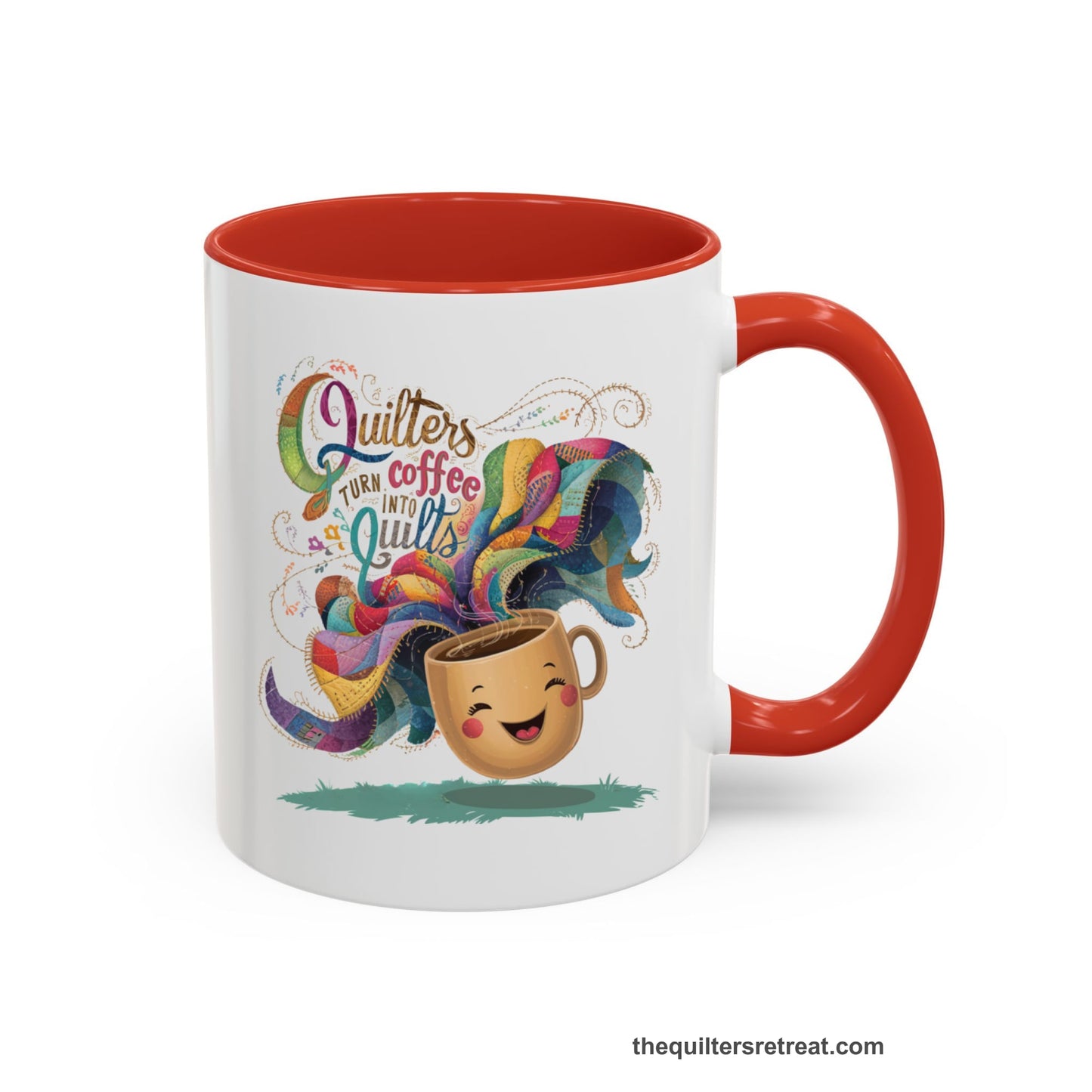A Red Self-Fulfilled Accent Mug with a quirky "Quilters Turn Coffee into Quilts" text with vibrant swirling patterns