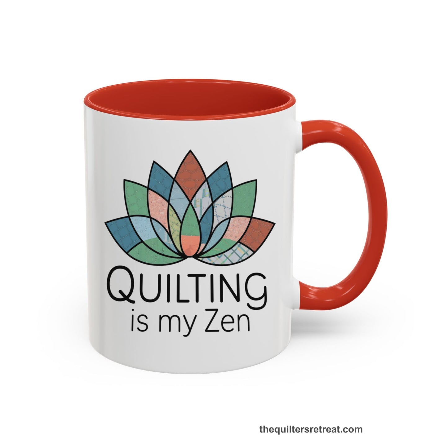 A Red Accent Ceramic Mug featuring Quilting is my Zen design with a lotus flower made of quilt patterns and textures