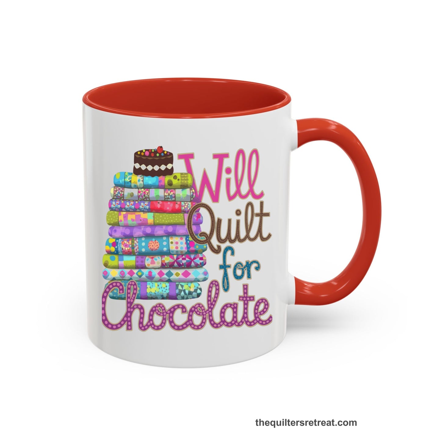 A Red Accent Ceramic Mug featuring Will Quilt for Chocolate design with colorful folded quilts and chocolate cake