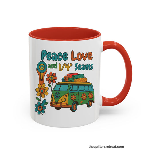 A Red Accent Ceramic Mug featuring Peace Love and 1/4 Seams design with a retro van and colorful quilts