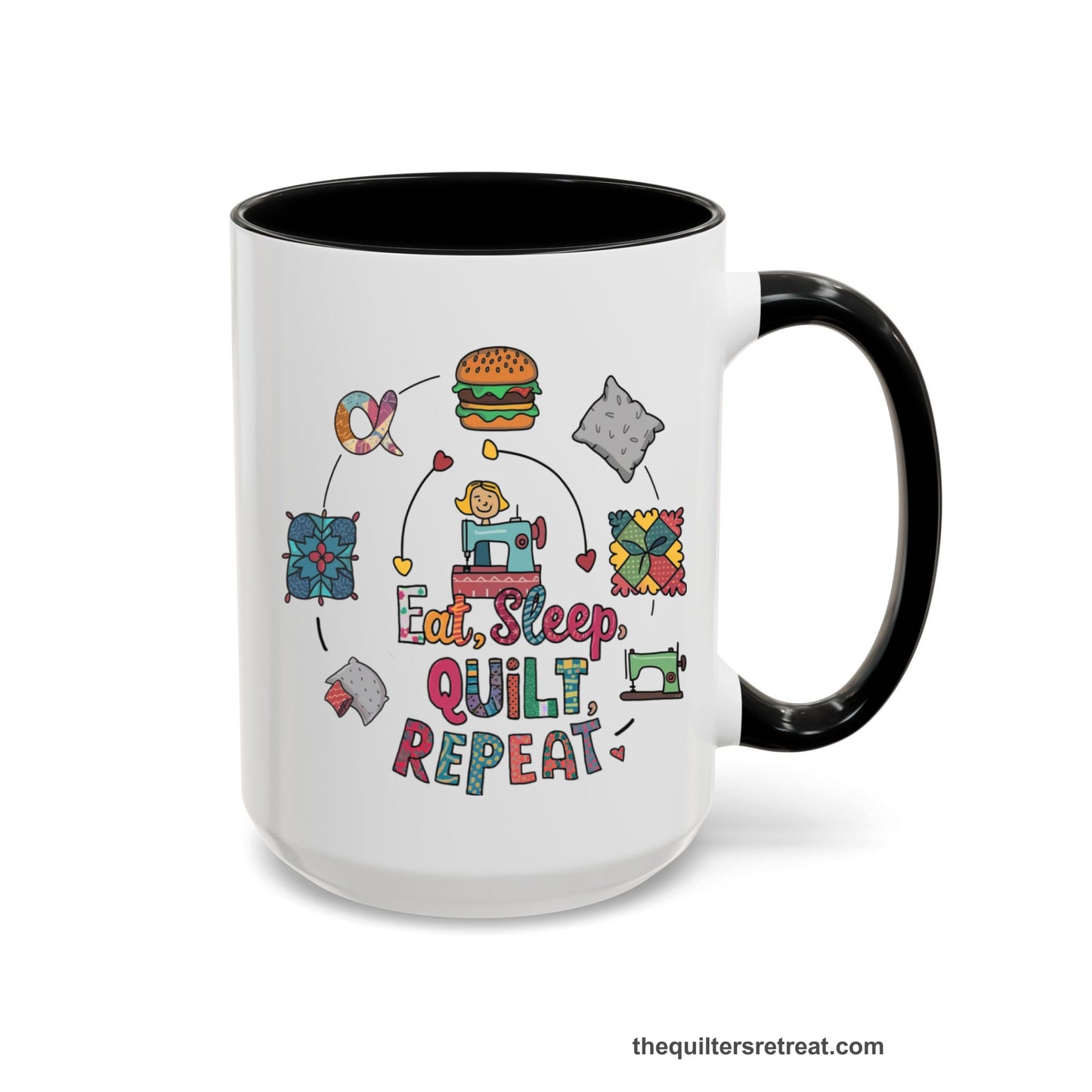 A Black Self-Fulfilled Accent Mug with a cute quilting elements with "Eat, Sleep, Quilt, Repeat" text in playful style