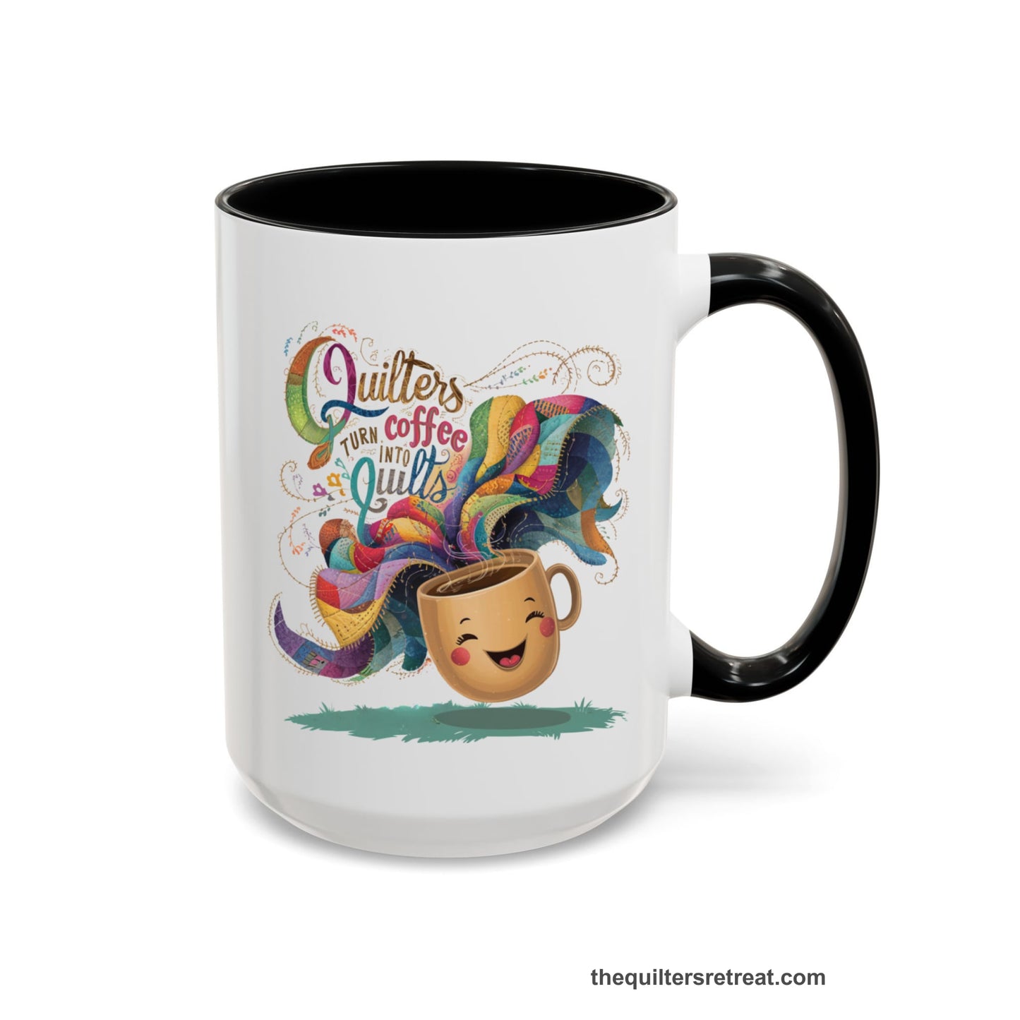 A Black Self-Fulfilled Accent Mug with a quirky "Quilters Turn Coffee into Quilts" text with vibrant swirling patterns