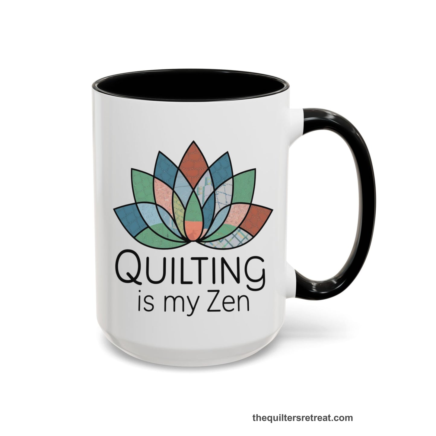 A Black Accent Ceramic Mug featuring Quilting is my Zen design with a lotus flower made of quilt patterns and textures
