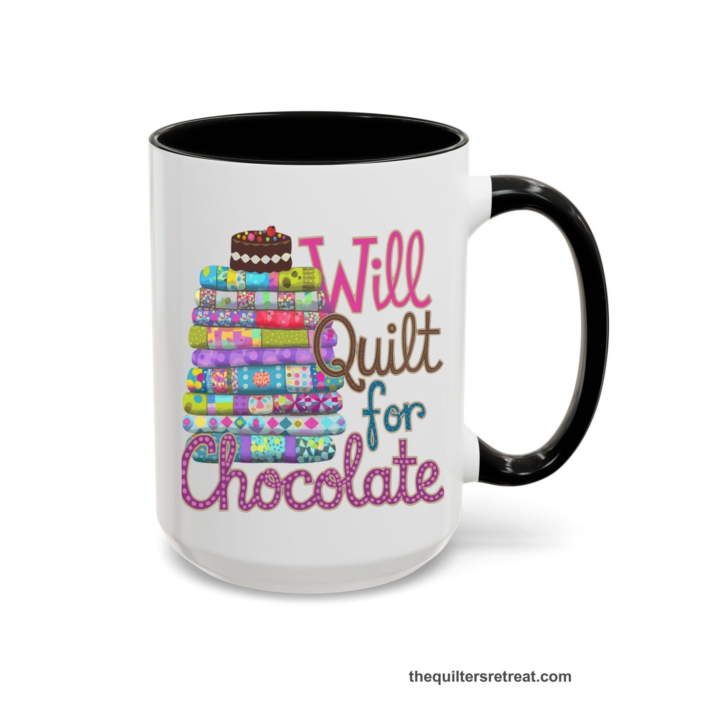 A Black Accent Ceramic Mug featuring Will Quilt for Chocolate design with colorful folded quilts and chocolate cake
