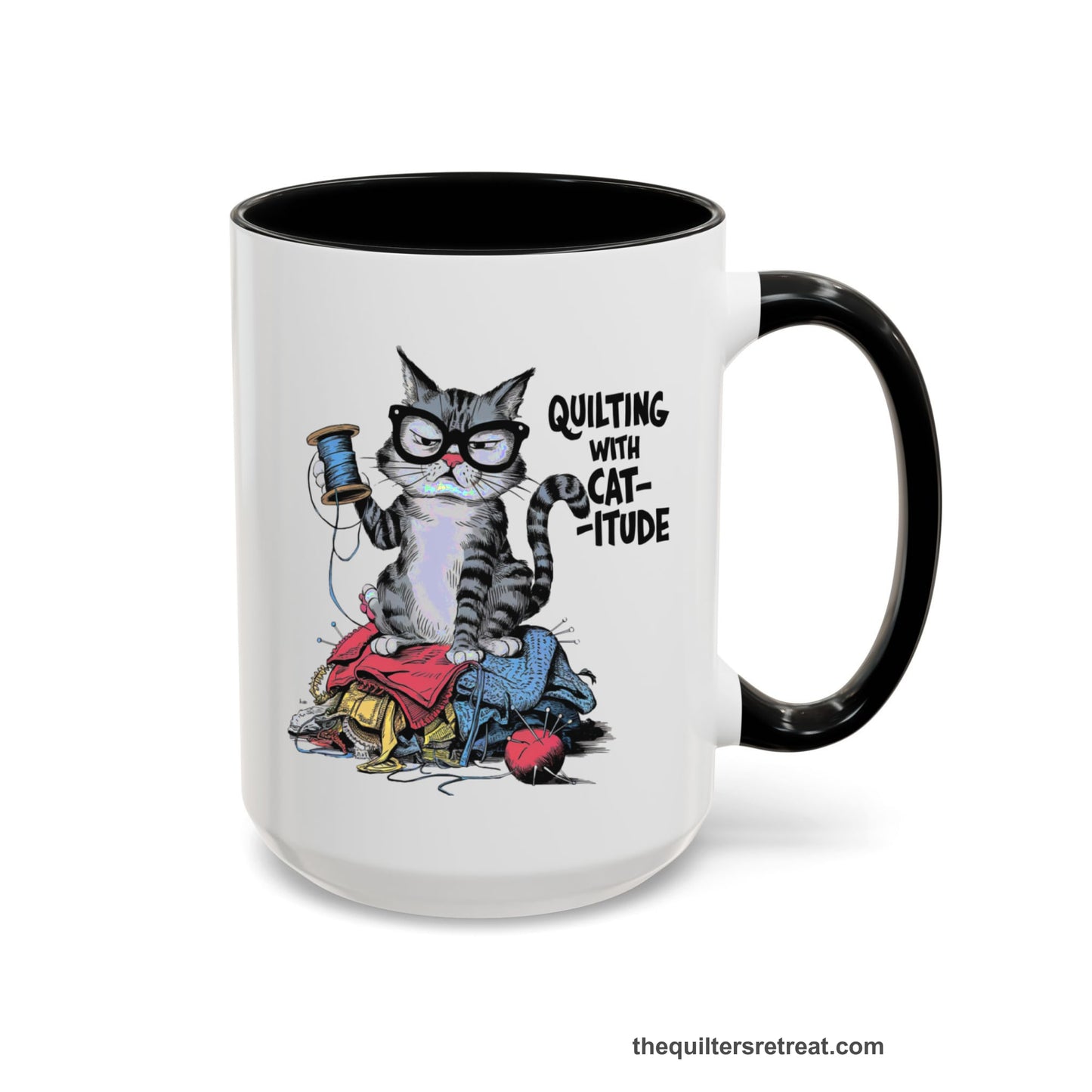 A Black Accent Ceramic Mug featuring Quilting with Catitude design with a grumpy cat holding thread spool atop fabric pile