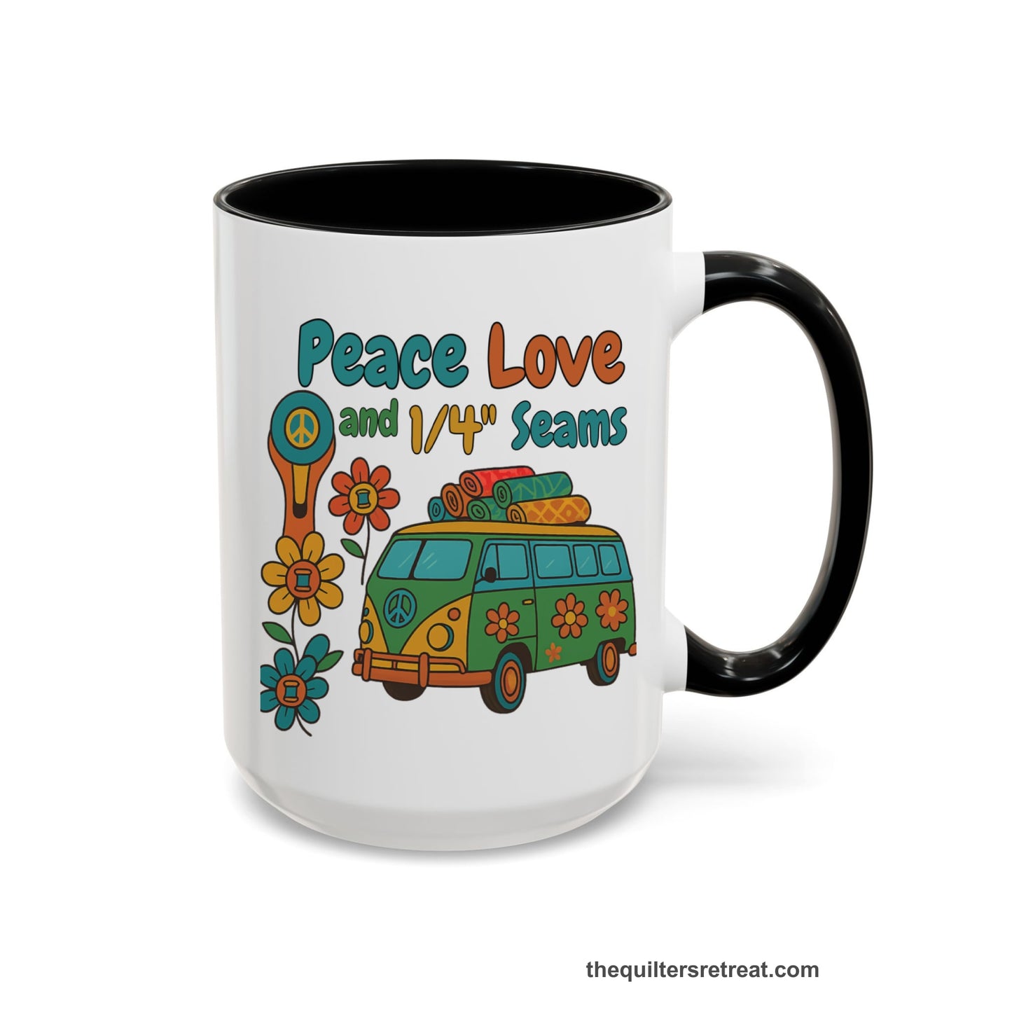 A Black Accent Ceramic Mug featuring Peace Love and 1/4 Seams design with a retro van and colorful quilts