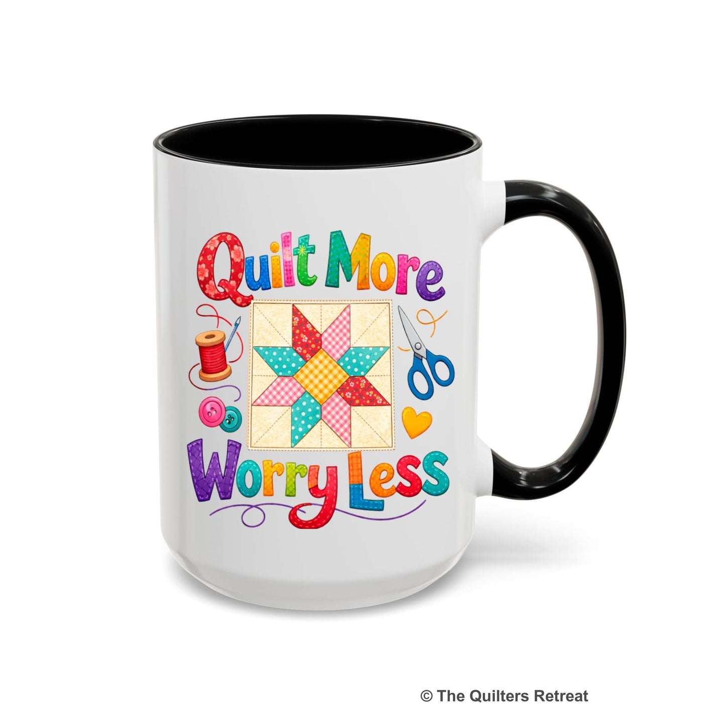 A Black Self-Fulfilled Ceramic Accent Mug with a Colorful patchwork star and sewing tools, cheerful "Quilt More Worry Less" text.