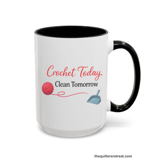 Crochet Gift: A Black Ceramic Accent Mug with Pink yarn ball and scoop with playful text "Crochet Today, Clean Tomorrow".