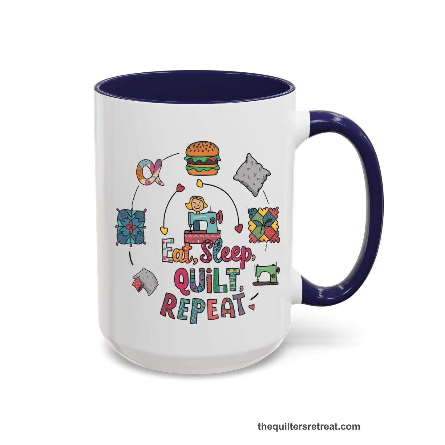 A Navy Self-Fulfilled Accent Mug with a cute quilting elements with "Eat, Sleep, Quilt, Repeat" text in playful style