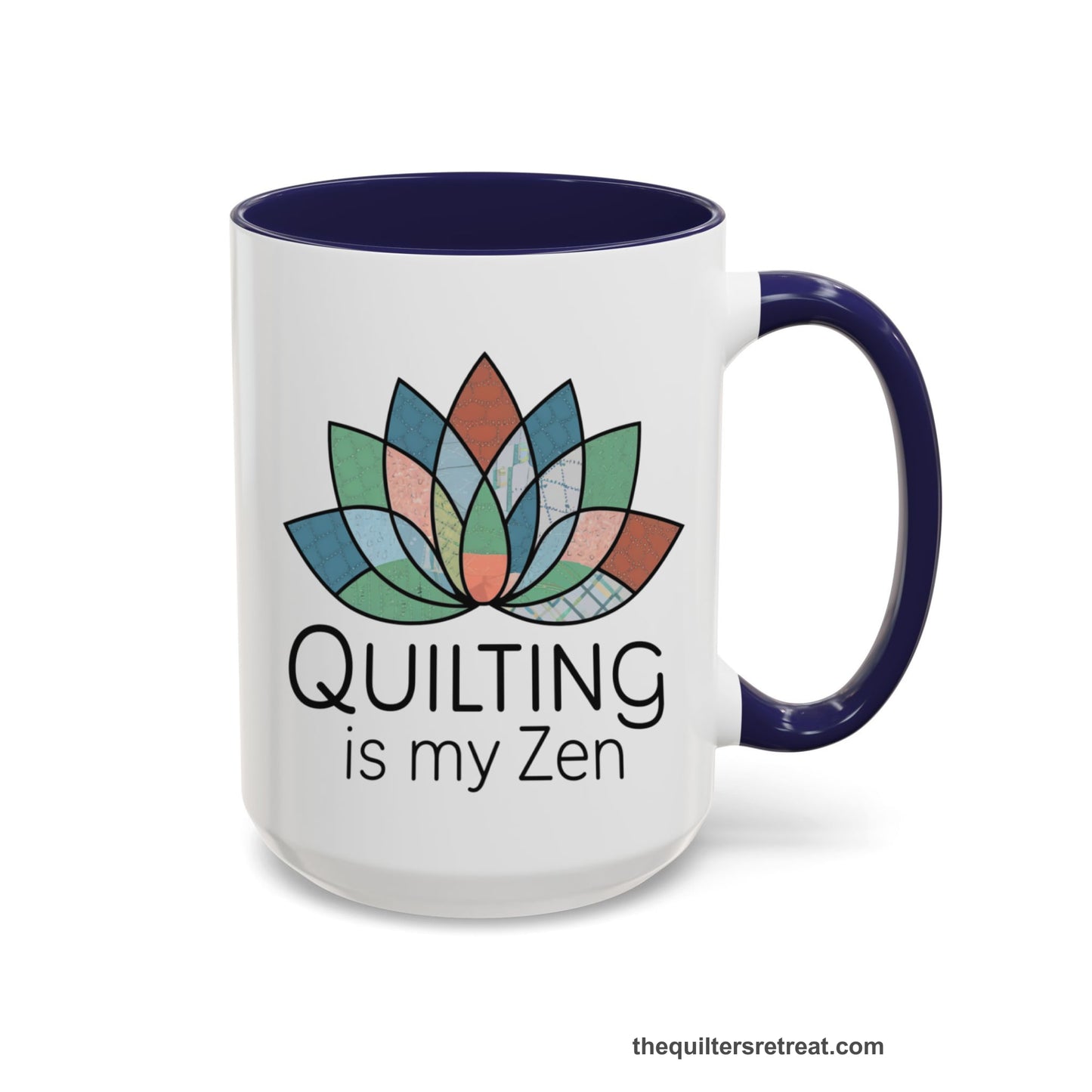 A Navy Accent Ceramic Mug featuring Quilting is my Zen design with a lotus flower made of quilt patterns and textures