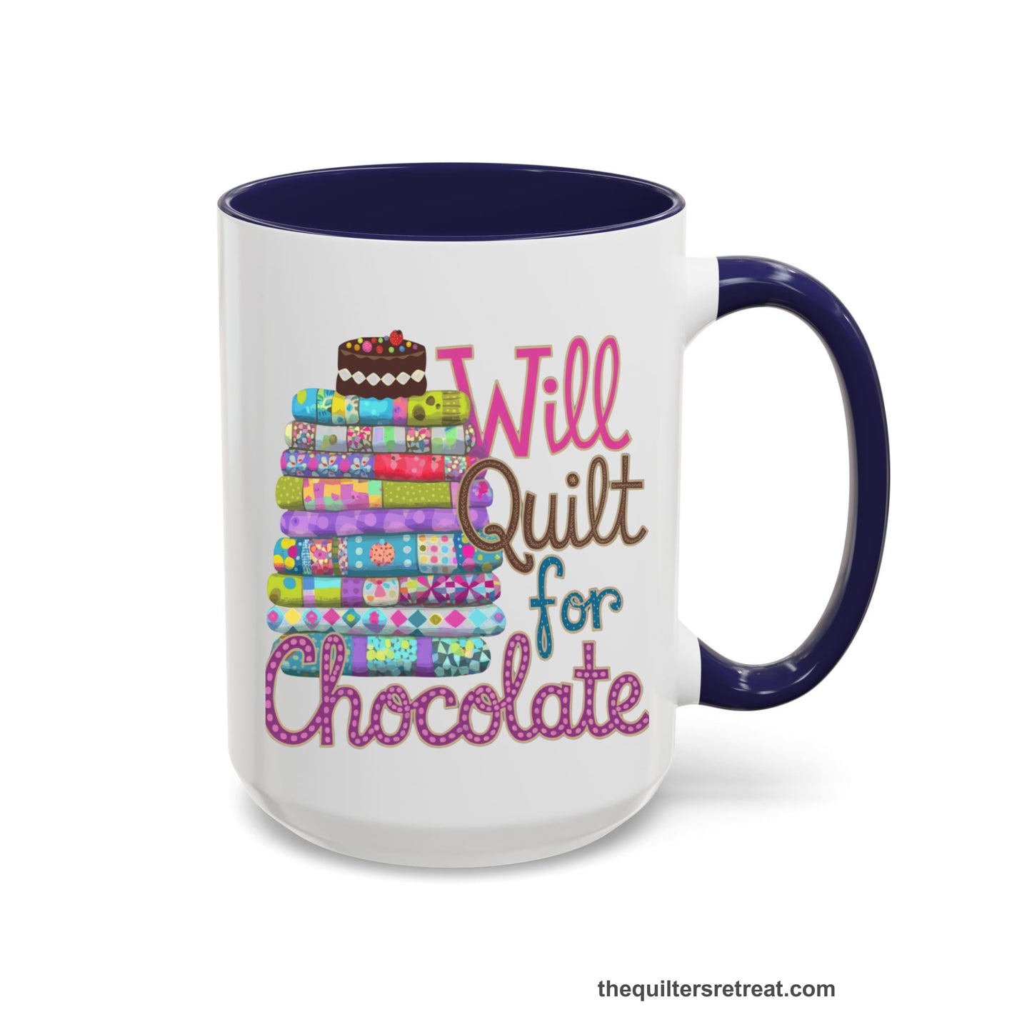 A Navy Accent Ceramic Mug featuring Will Quilt for Chocolate design with colorful folded quilts and chocolate cake