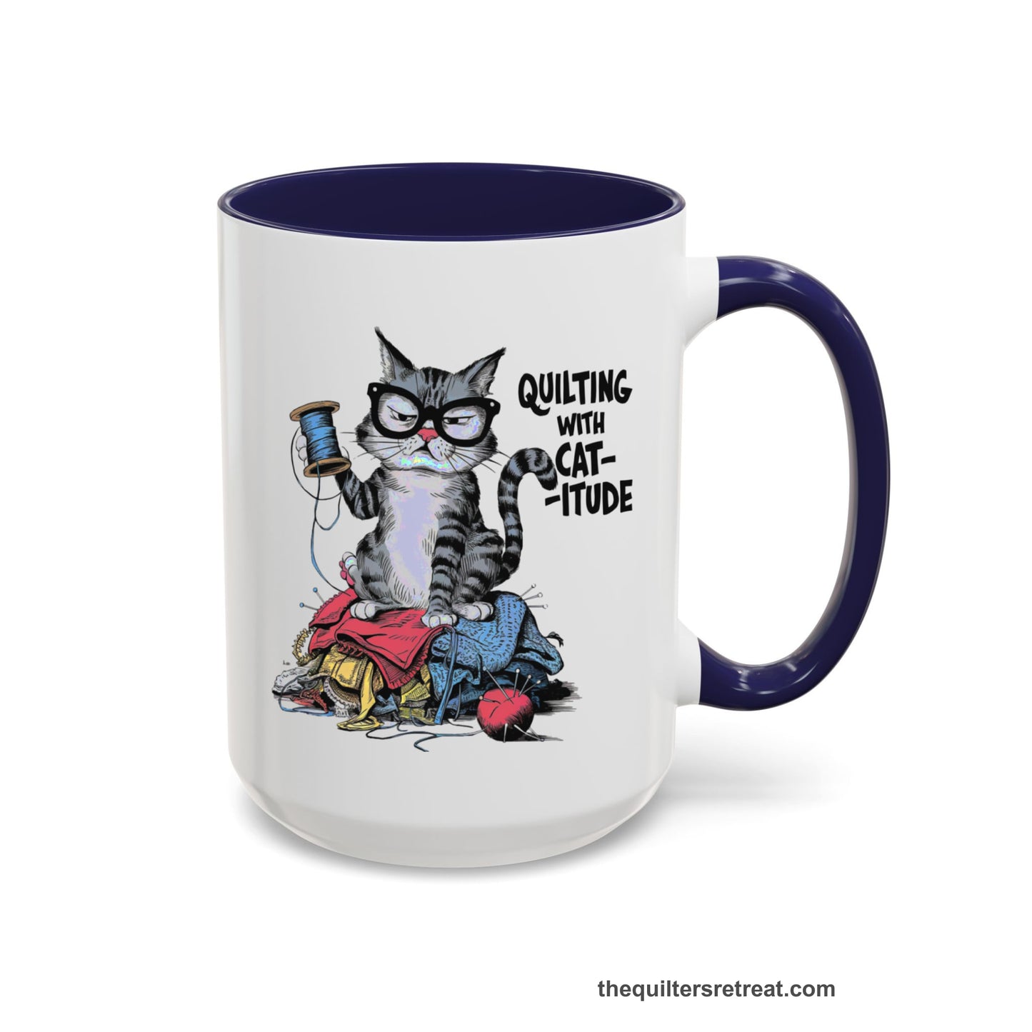 A Navy Accent Ceramic Mug featuring Quilting with Catitude design with a grumpy cat holding thread spool atop fabric pile