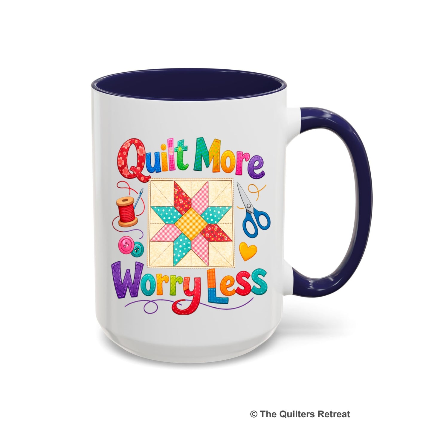 A Navy Self-Fulfilled Ceramic Accent Mug with a Colorful patchwork star and sewing tools, cheerful "Quilt More Worry Less" text.