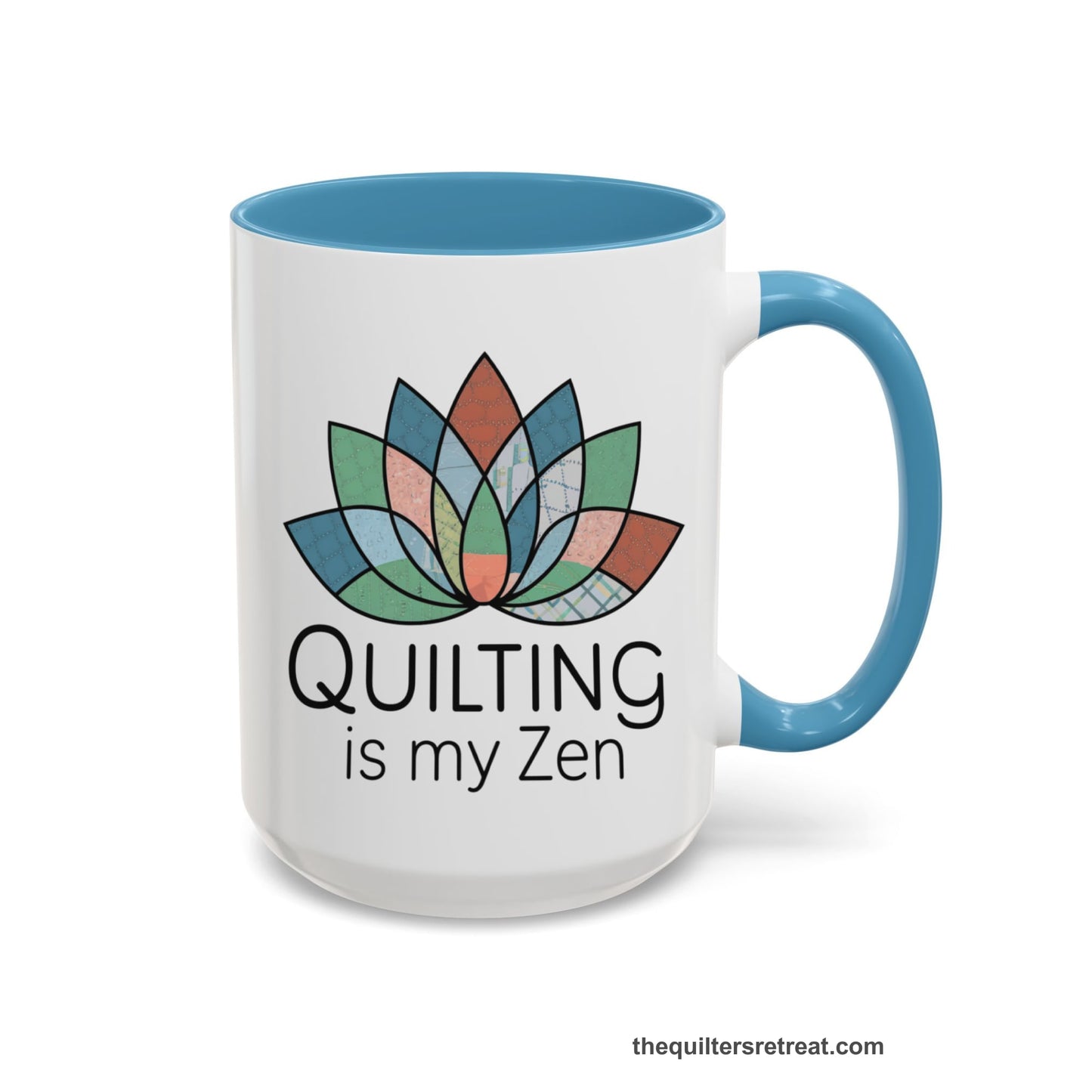 A Light Blue Accent Ceramic Mug featuring Quilting is my Zen design with a lotus flower made of quilt patterns and textures