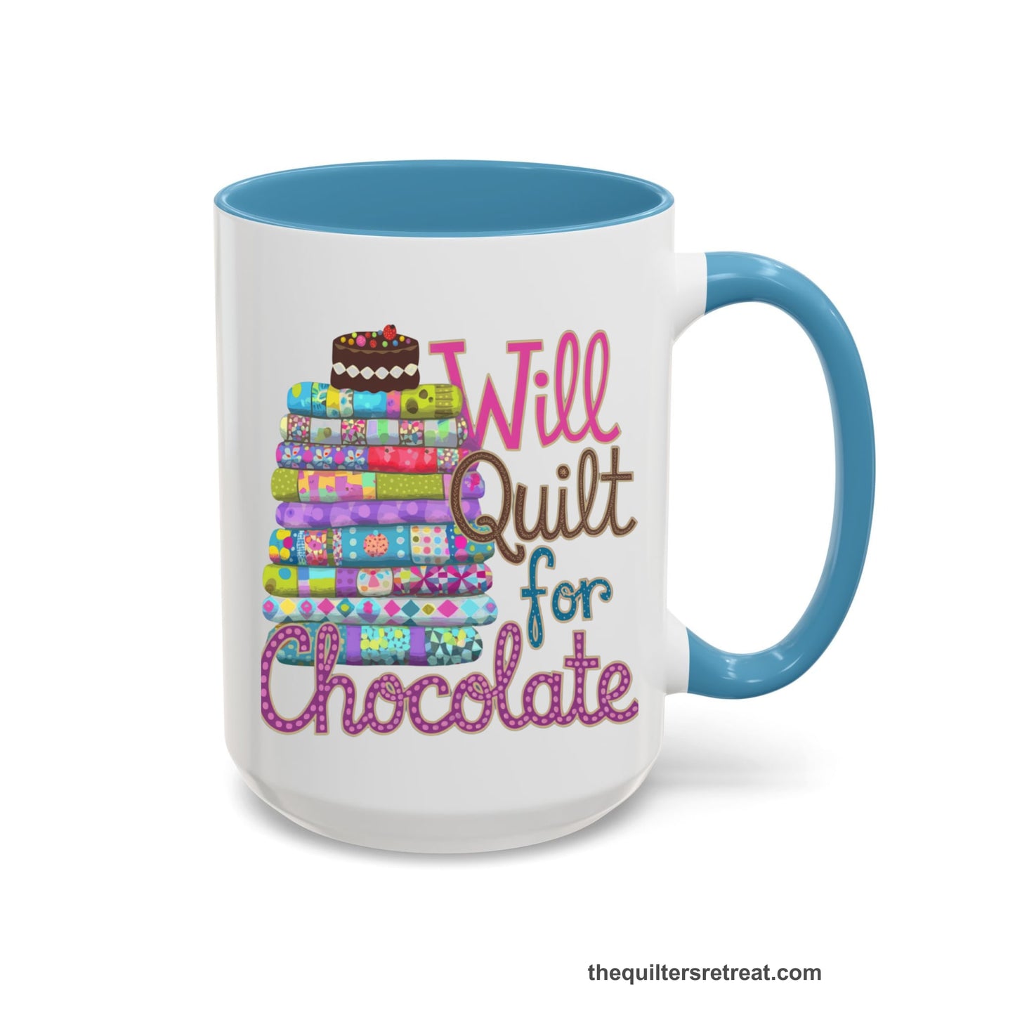 A Light Blue Accent Ceramic Mug featuring Will Quilt for Chocolate design with colorful folded quilts and chocolate cake