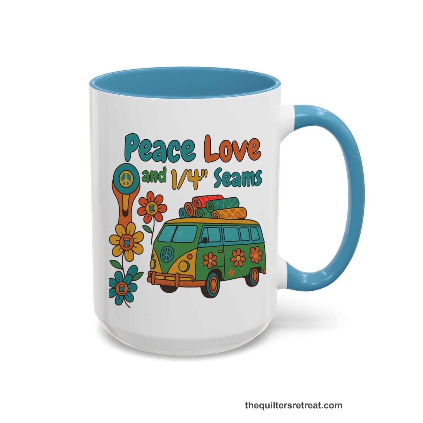 A Light Blue Accent Ceramic Mug featuring Peace Love and 1/4 Seams design with a retro van and colorful quilts