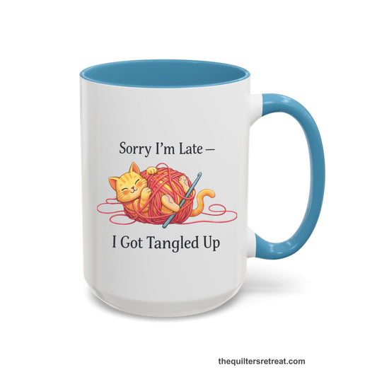 Crochet Gift: A Light Blue Ceramic Accent Mug with Cute cat tangled in pink yarn, whimsical style, text: "Sorry I'm Late — I Got Tangled Up"