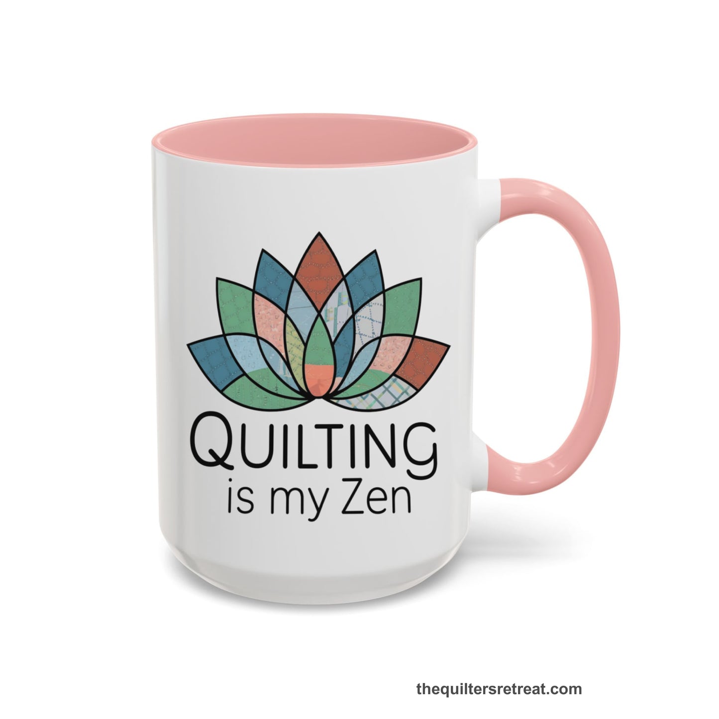 A Pink Accent Ceramic Mug featuring Quilting is my Zen design with a lotus flower made of quilt patterns and textures