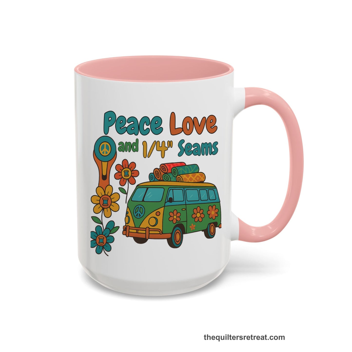 A Pink Accent Ceramic Mug featuring Peace Love and 1/4 Seams design with a retro van and colorful quilts