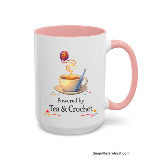 Crochet Gift: A Pink Ceramic Accent Mug with Cup of tea with yarn and crochet hook, playful and cozy, "Powered by Tea & Crochet".