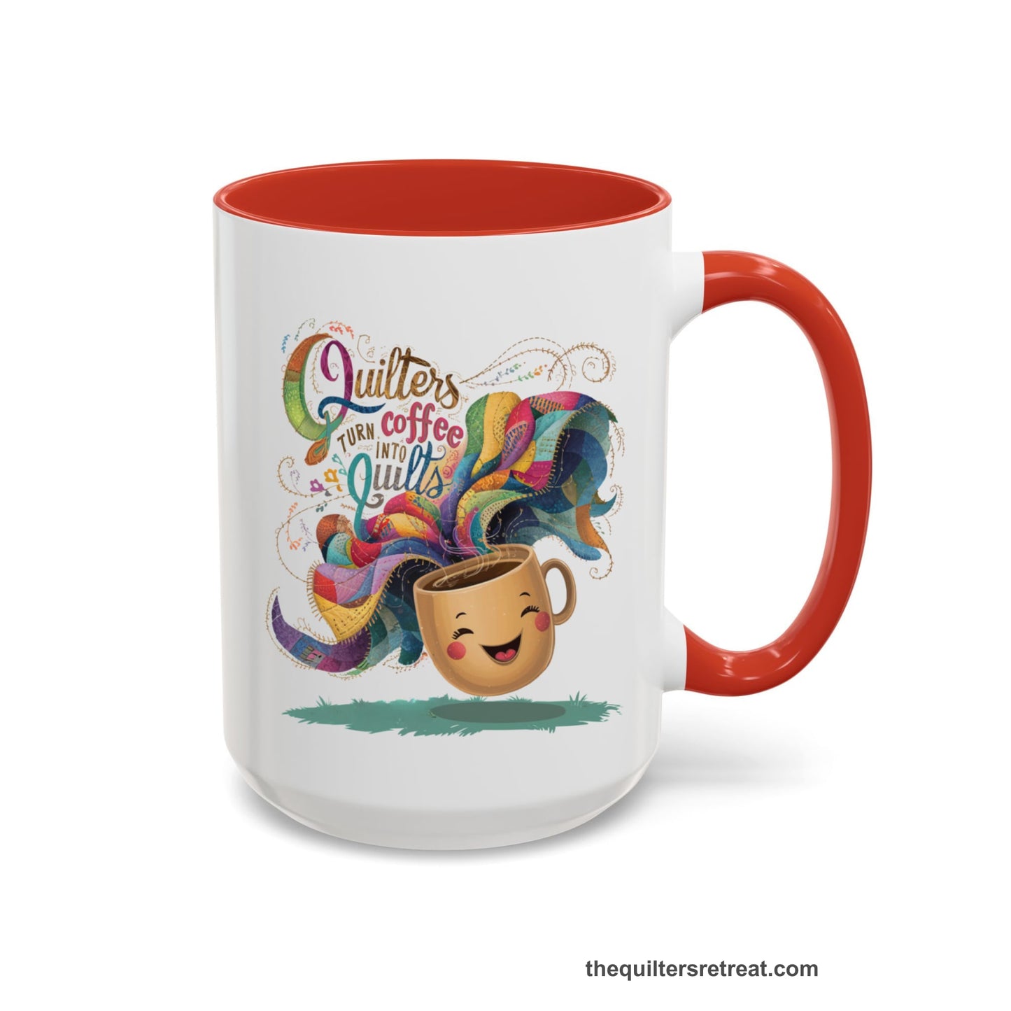 A Red Self-Fulfilled Accent Mug with a quirky "Quilters Turn Coffee into Quilts" text with vibrant swirling patterns