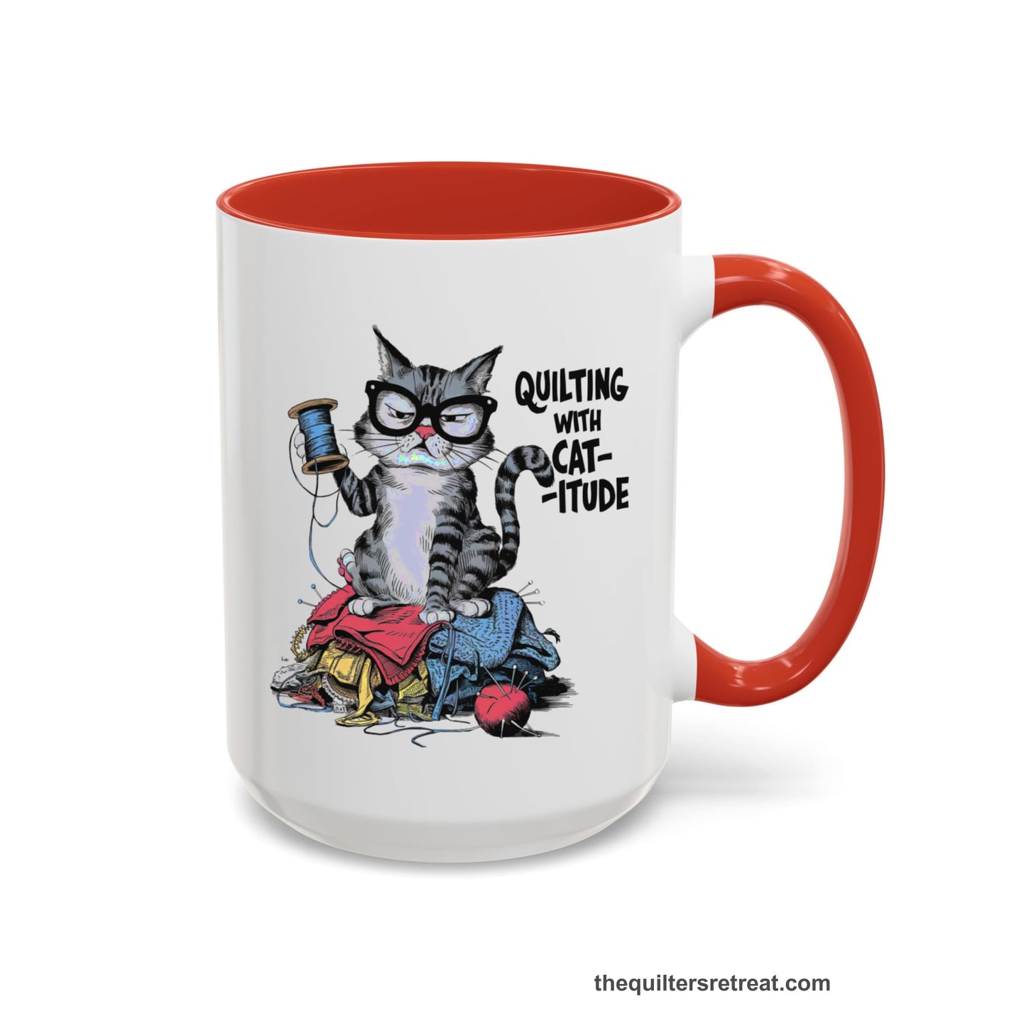 A Red Accent Ceramic Mug featuring Quilting with Catitude design with a grumpy cat holding thread spool atop fabric pile