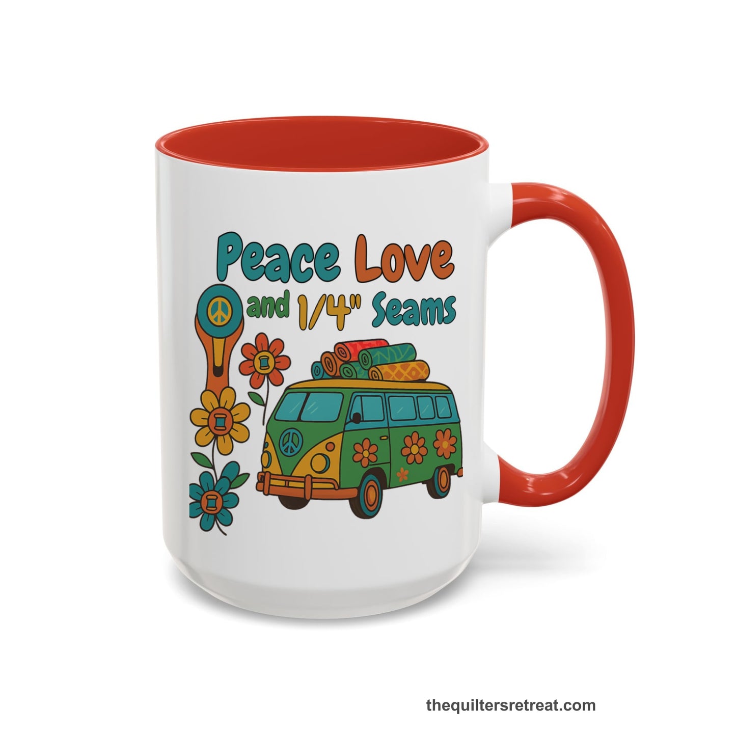 A Red Accent Ceramic Mug featuring Peace Love and 1/4 Seams design with a retro van and colorful quilts