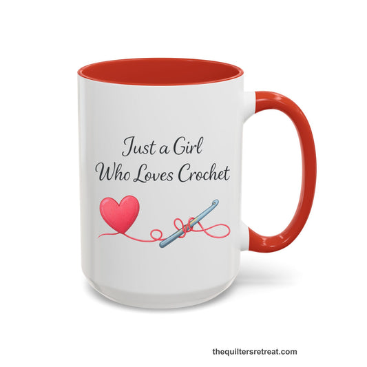 Crochet Gift: A Red Ceramic Accent Mug with Heart with crochet hook and yarn, "Just a Girl Who Loves Crochet" text, playful style.