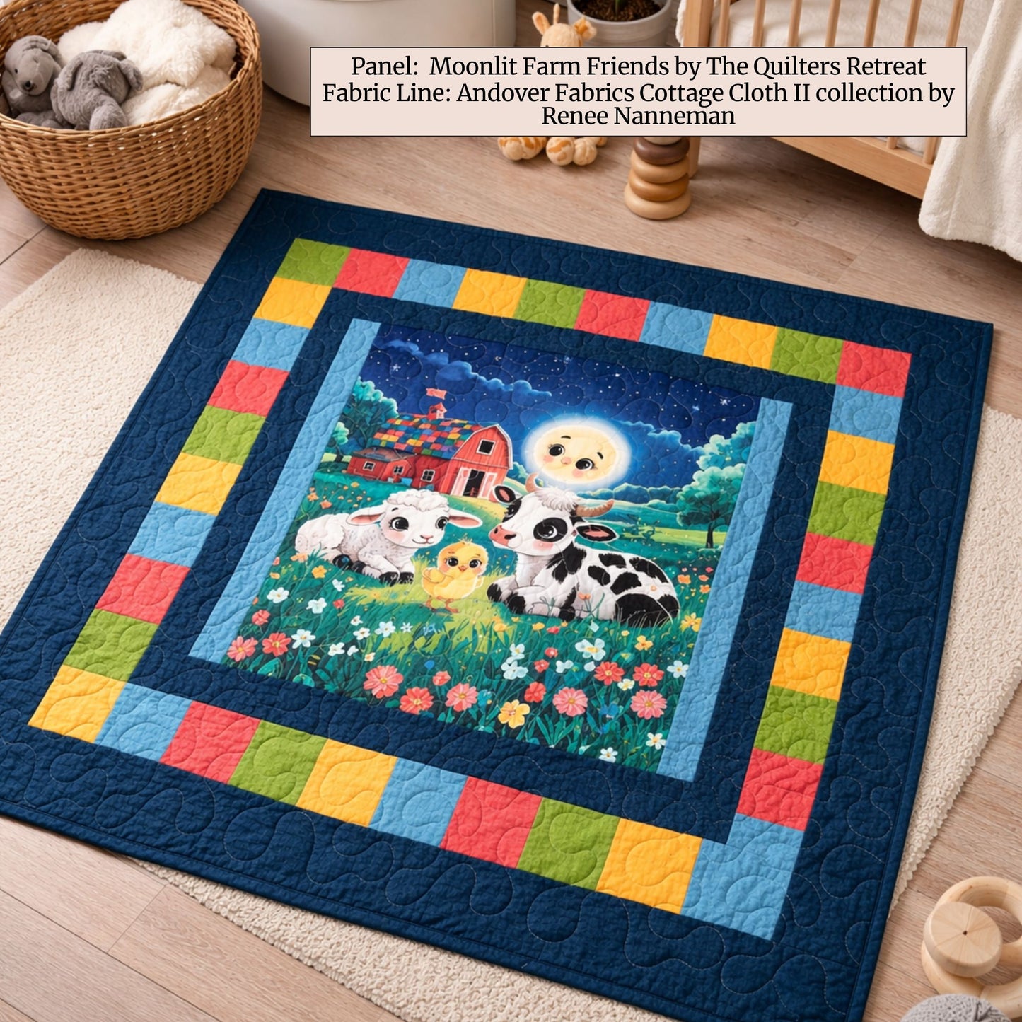 Farm friends baby quilt panel sewn into a finished baby quilt — handmade baby shower gift