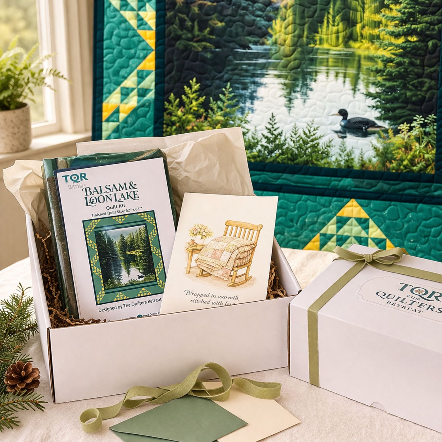 Balsam & Loon Lake quilt kit gift box — loon-on-the-lake panel, pattern and fabric, a gift for a quilter