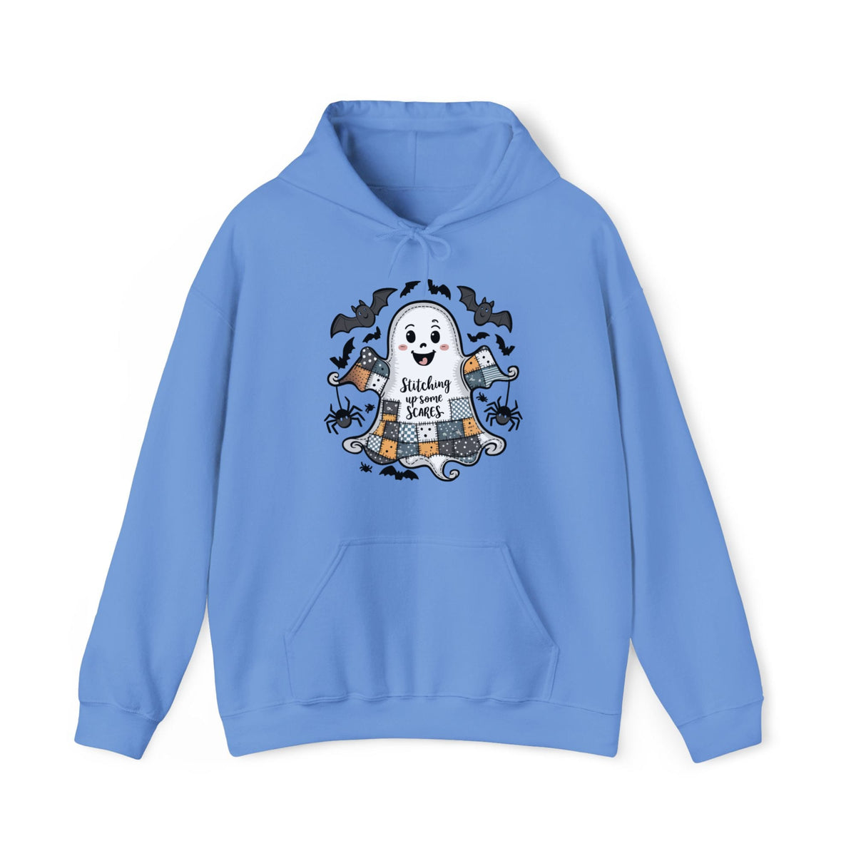 Quilter Gift: A Carolina Blue Halloween Hoodie with cute patchwork ghost with "Stitching up some Scares" text and playful bats in a whimsical style