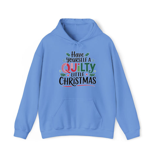 A Carolina Blue Hoodie with a festive "Have Yourself a Quilty Little Christmas" text with holly and quilt patterns