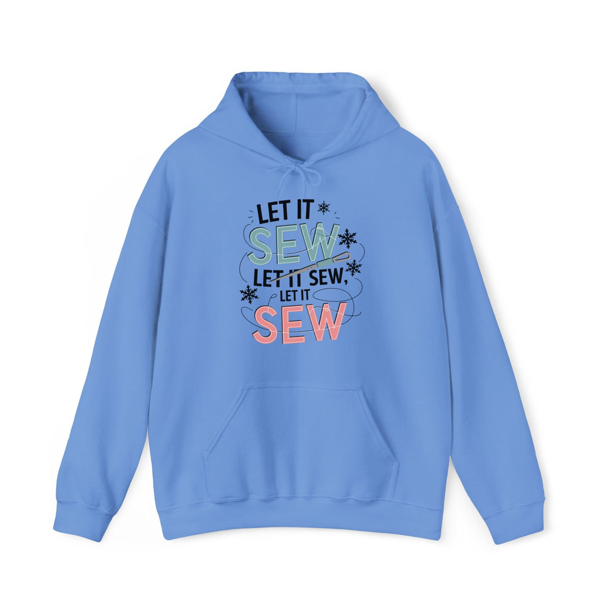 Quilter Gift: A Carolina Blue Hoodie with bold 'Let it Sew' text with needle and thread in a modern style