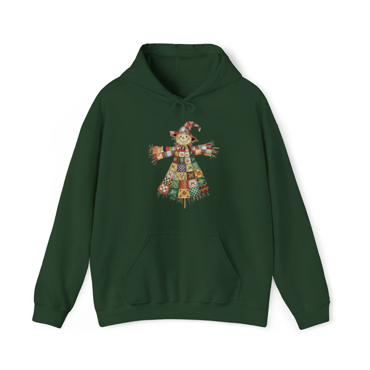 Quilter Gift: A Forest Green Hoodie with patchwork scarecrow with a cheerful face in a whimsical style