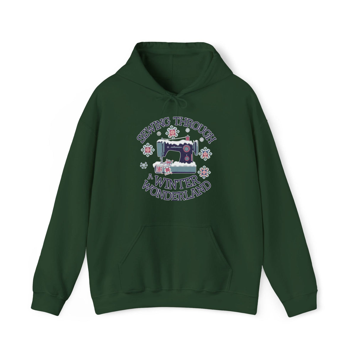 Quilter Gift: A Forest Green Hoodie with sewing machine covered in snow with festive quilting elements and "Sewing Through a Winter Wonderland" text