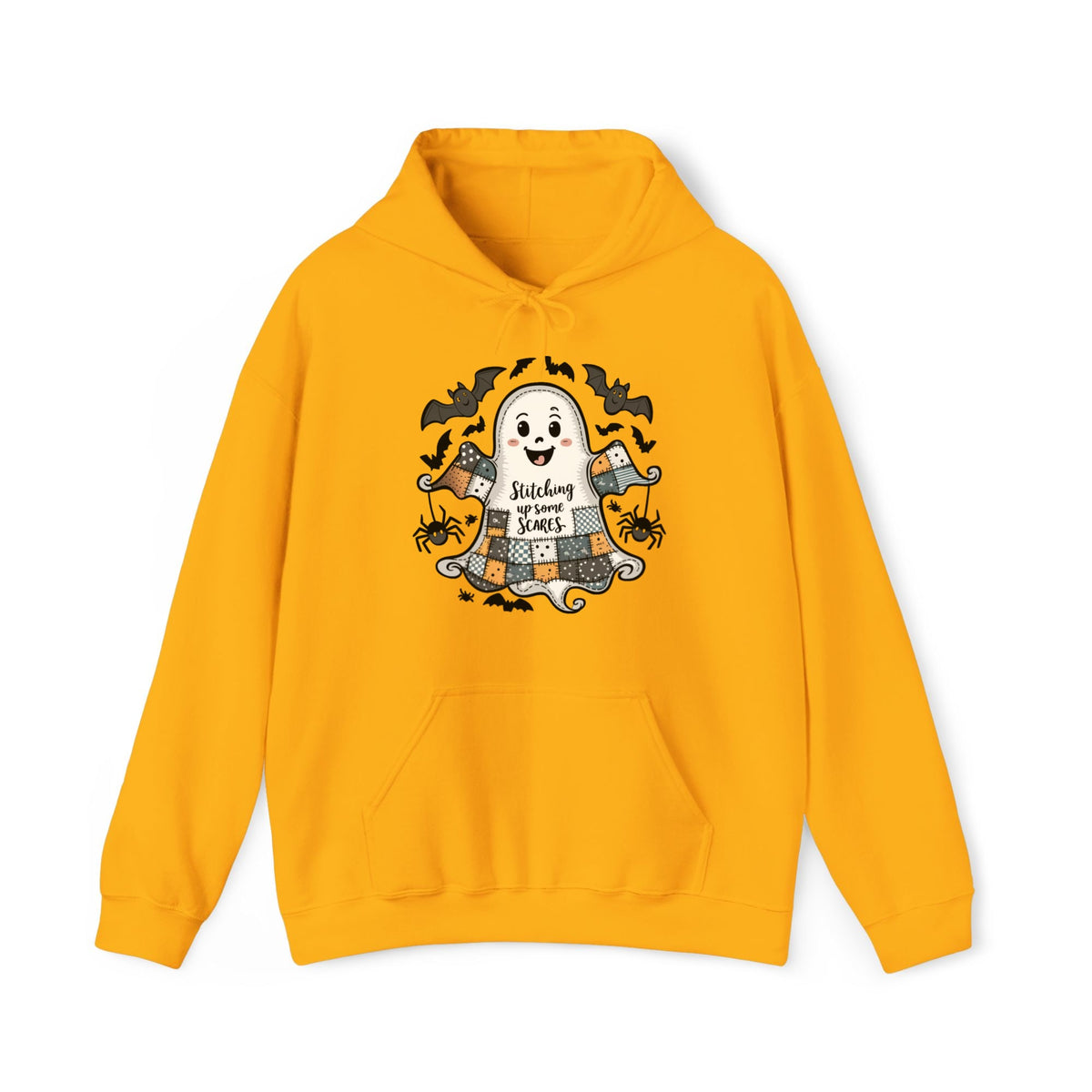Quilter Gift: A Gold Halloween Hoodie with cute patchwork ghost with "Stitching up some Scares" text and playful bats in a whimsical style