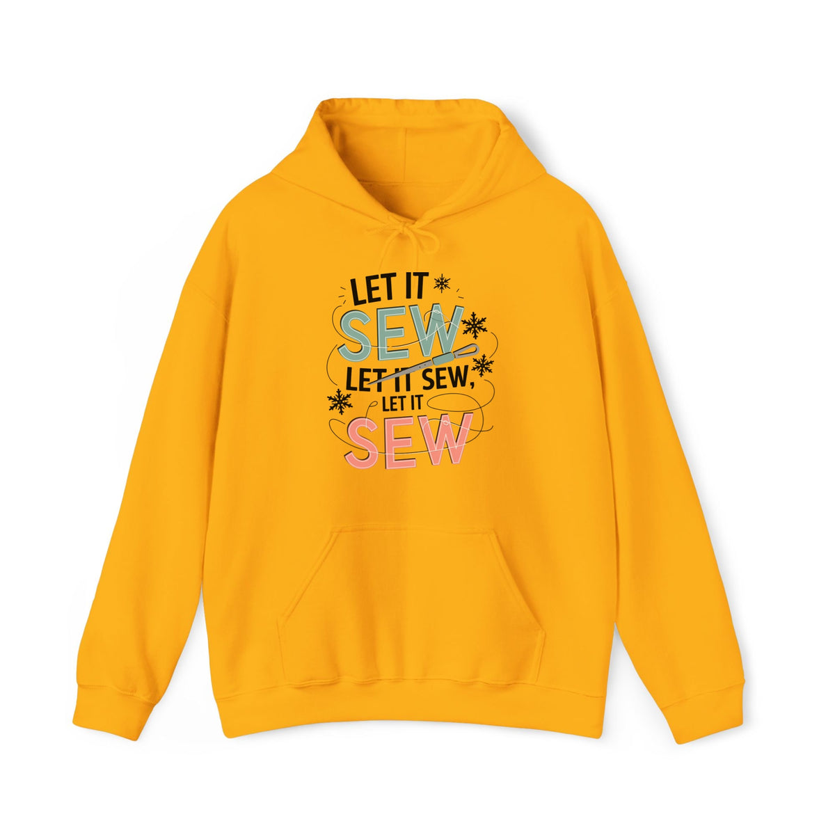 Quilter Gift: A Gold Hoodie with bold 'Let it Sew' text with needle and thread in a modern style